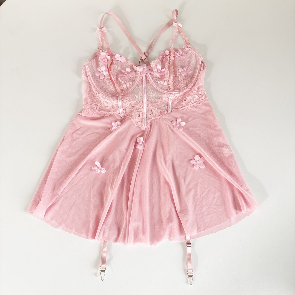 Womens Pink Floral Applique Lace Fairy Coquette Babydoll Lingerie Dress Size L